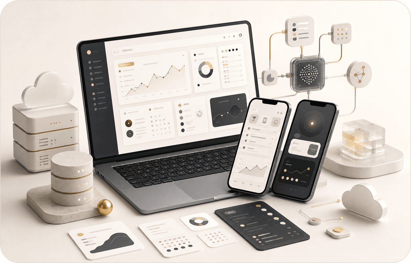 Premium product system visual showing web, mobile, AI workflow, backend, cloud, and operations capabilities
