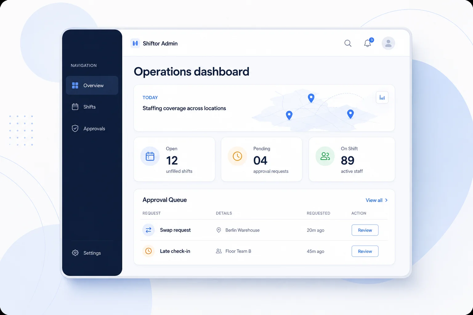 Shiftor admin workspace preview